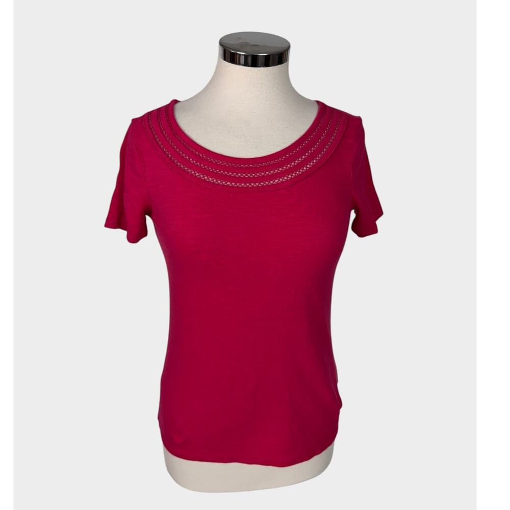 Talbots Petites P XS Petite Pink Short Sleeve Top Rounded Embellished Neckline